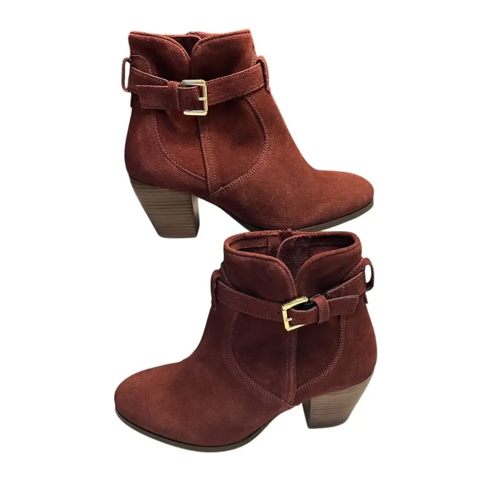 VGC Violet & Red Jackson Lazer Cut Topline Buckle Side Zip Bootie Burgandy 7.5